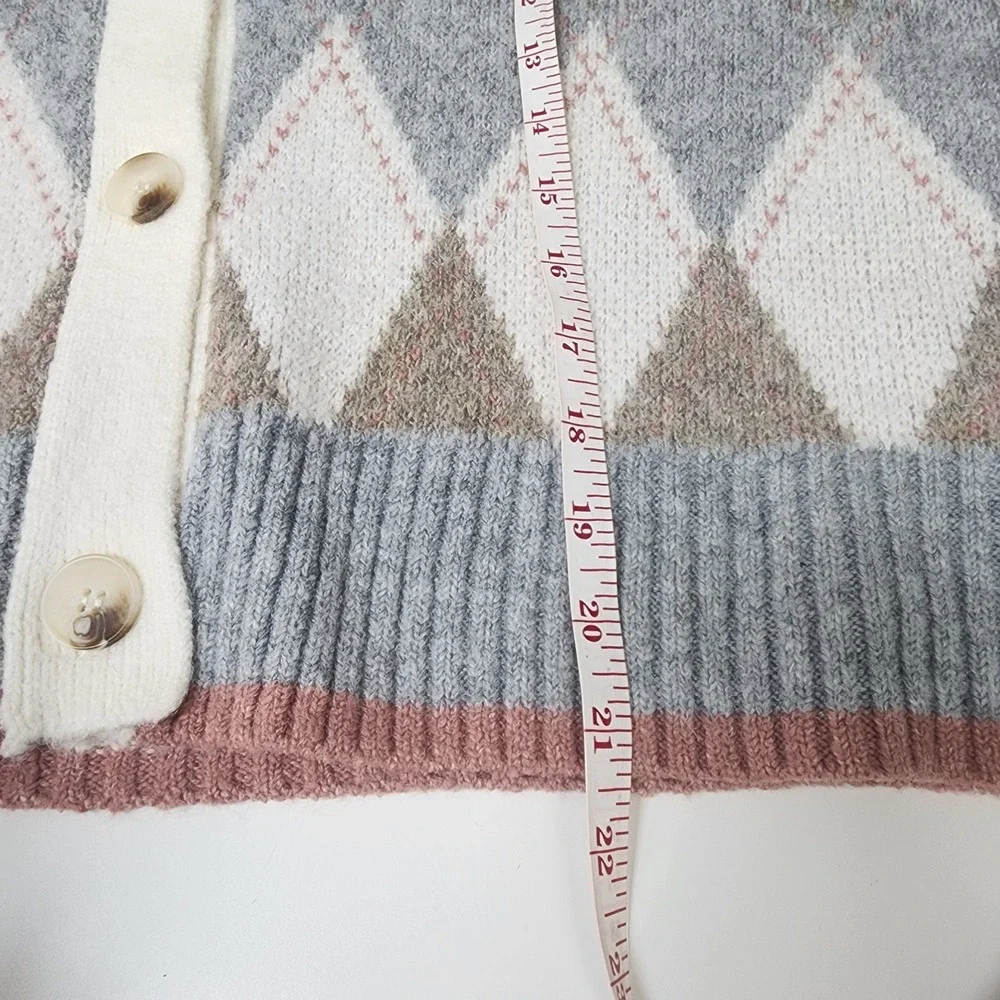 Rachel Zoe Sweater Women's S Ivory Academia Argyle Preppy Ribbed Knit Cardigan